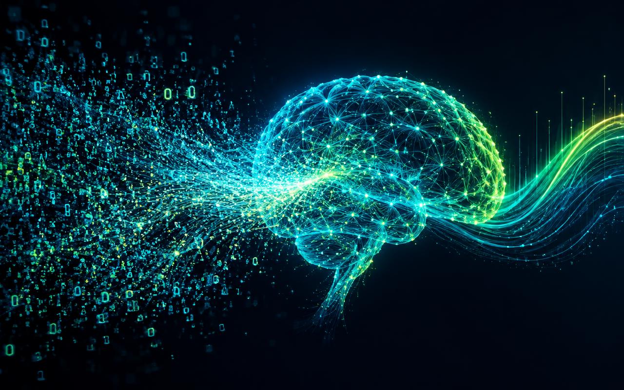 AI neural network transforming raw data into a luminous narrative