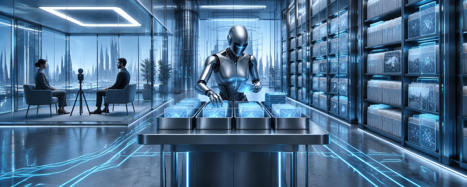 A transparent research laboratory with an interview room on one side and an archival document wall on the other, a silver robot sorting coded cards between them