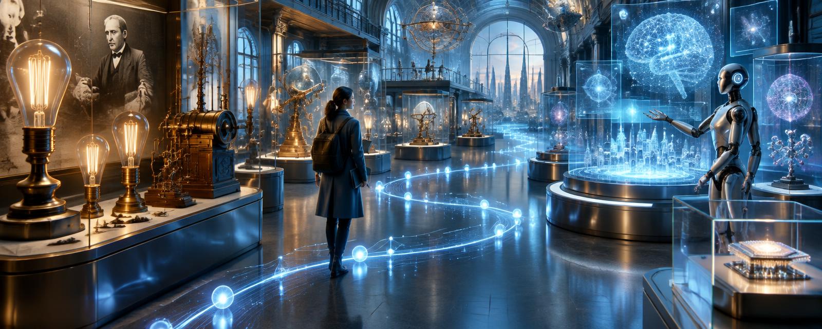 A path of glowing data nodes winding through a museum hall where Edison-era lamps meet modern AI displays