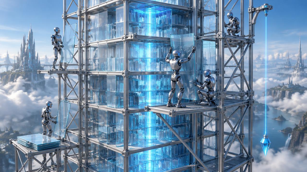 A translucent manuscript under construction inside silver scaffolding