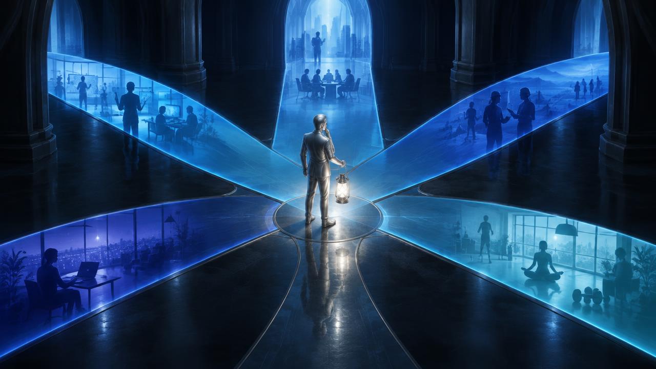 Five translucent paths of light branching from one glowing point in a dark hall