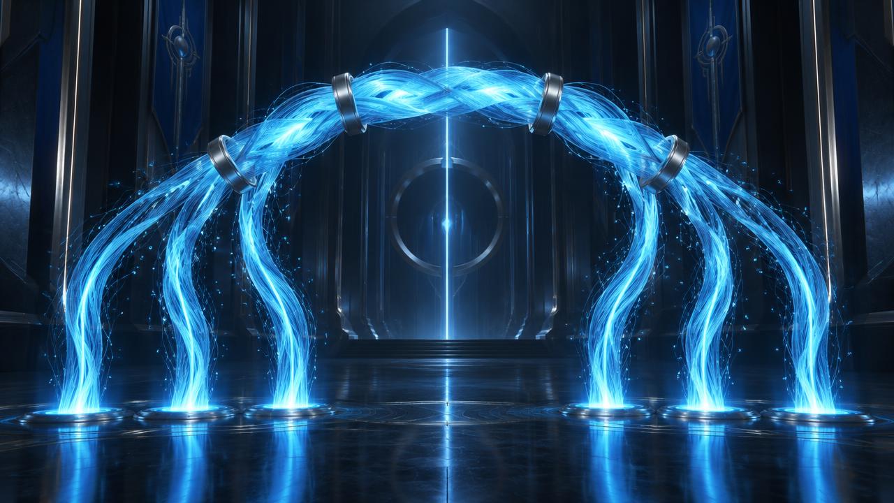Six streams of cyan light braiding into one luminous rope held in silver rings