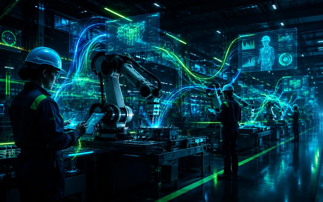 Technicians in hard hats monitoring robotic welders and floating production schematics on a factory floor