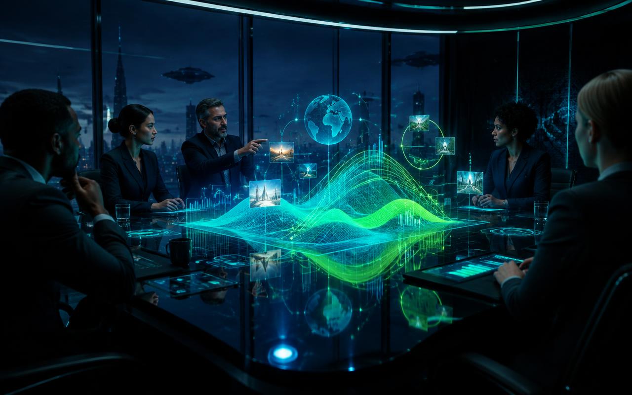 Executives around a reflective boardroom table studying a holographic terrain and floating displays