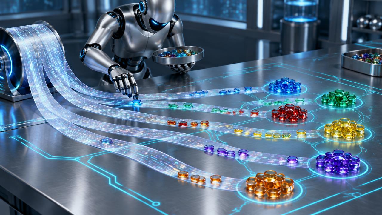 Silver robot placing coloured glass coding tokens along ribbons of transcript light