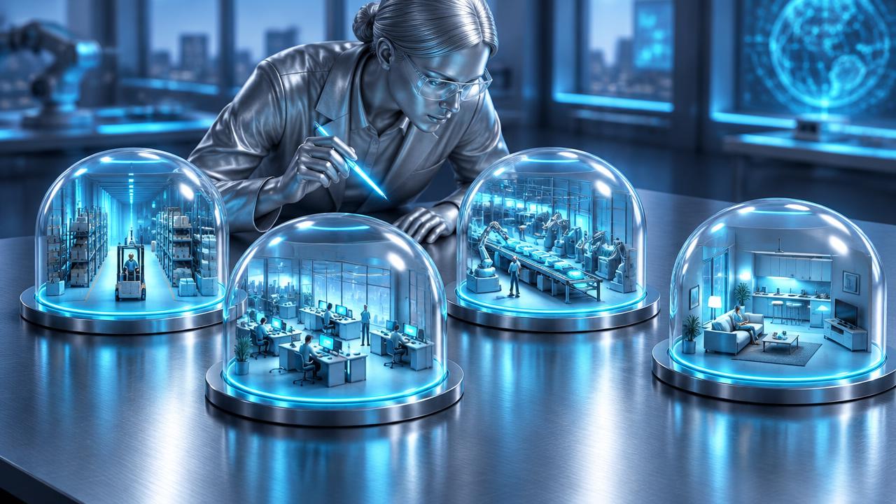 Four glass domes on a steel table, each protecting a miniature workplace world