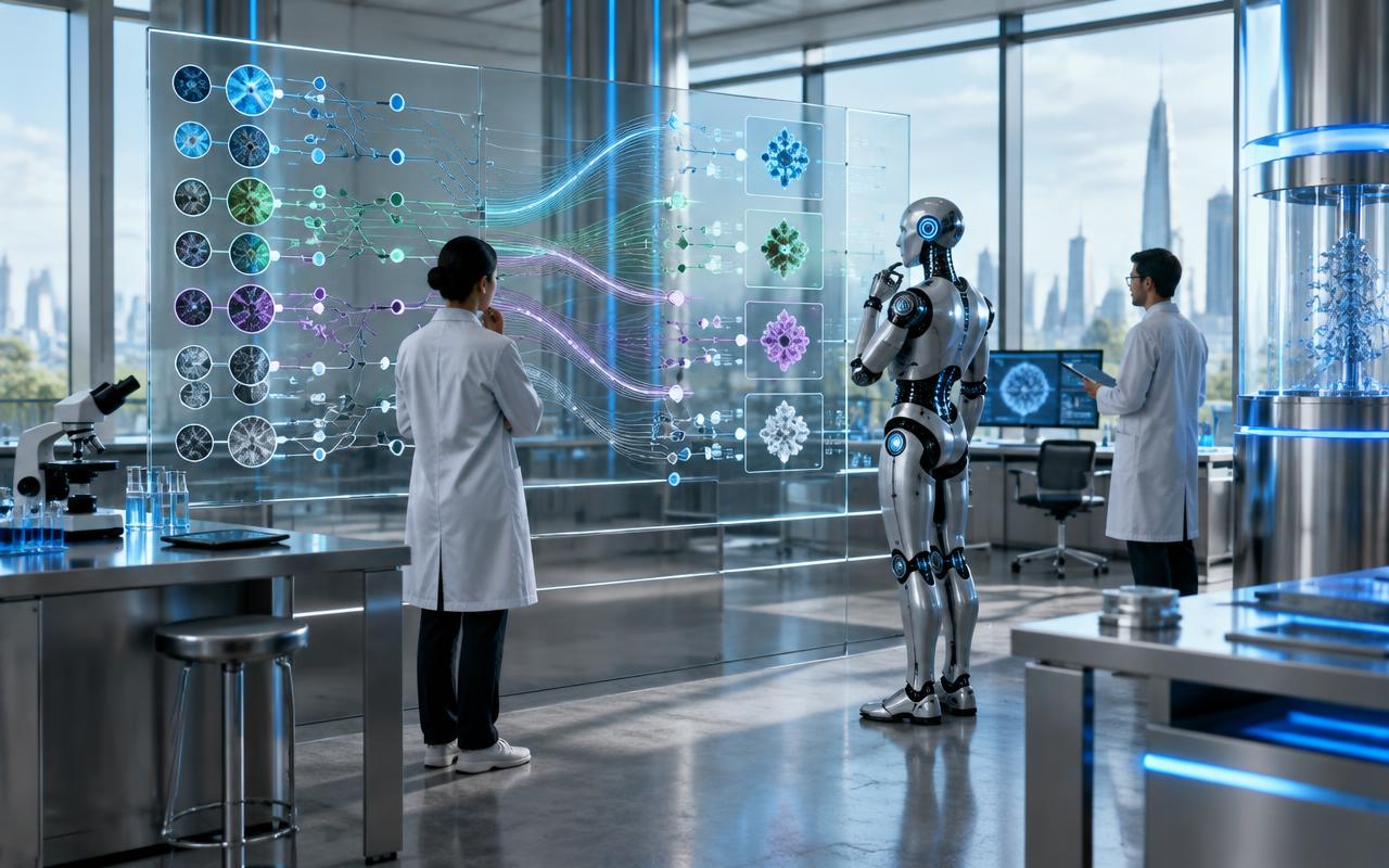 Silver robotic assistant tracing connected evidence diagrams in a research studio