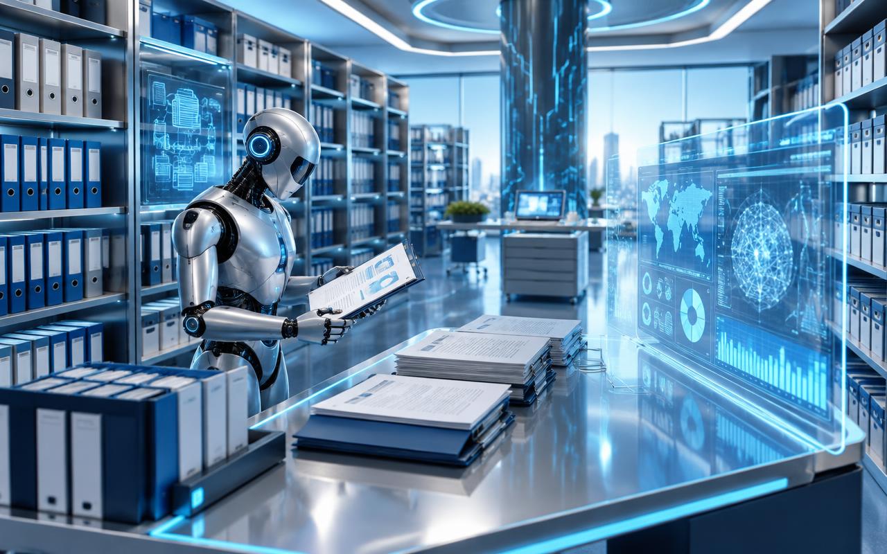 Silver robotic assistant reviewing translucent organizational report panels in a digital archive
