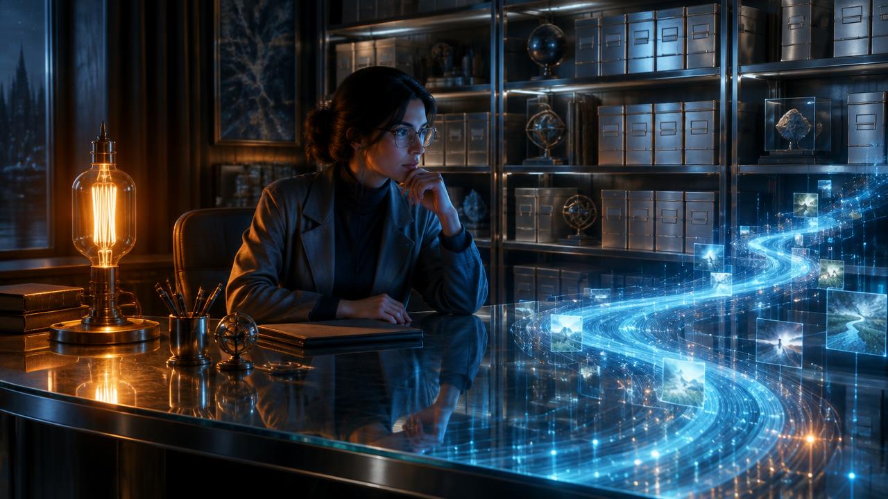 A researcher at a curved glass desk beside an Edison-style lamp and a river of data light