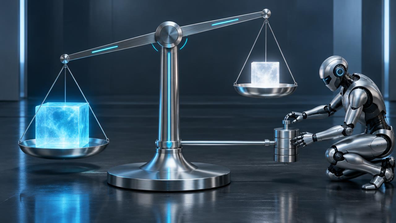 A precision silver balance weighing translucent blocks of light of different weight