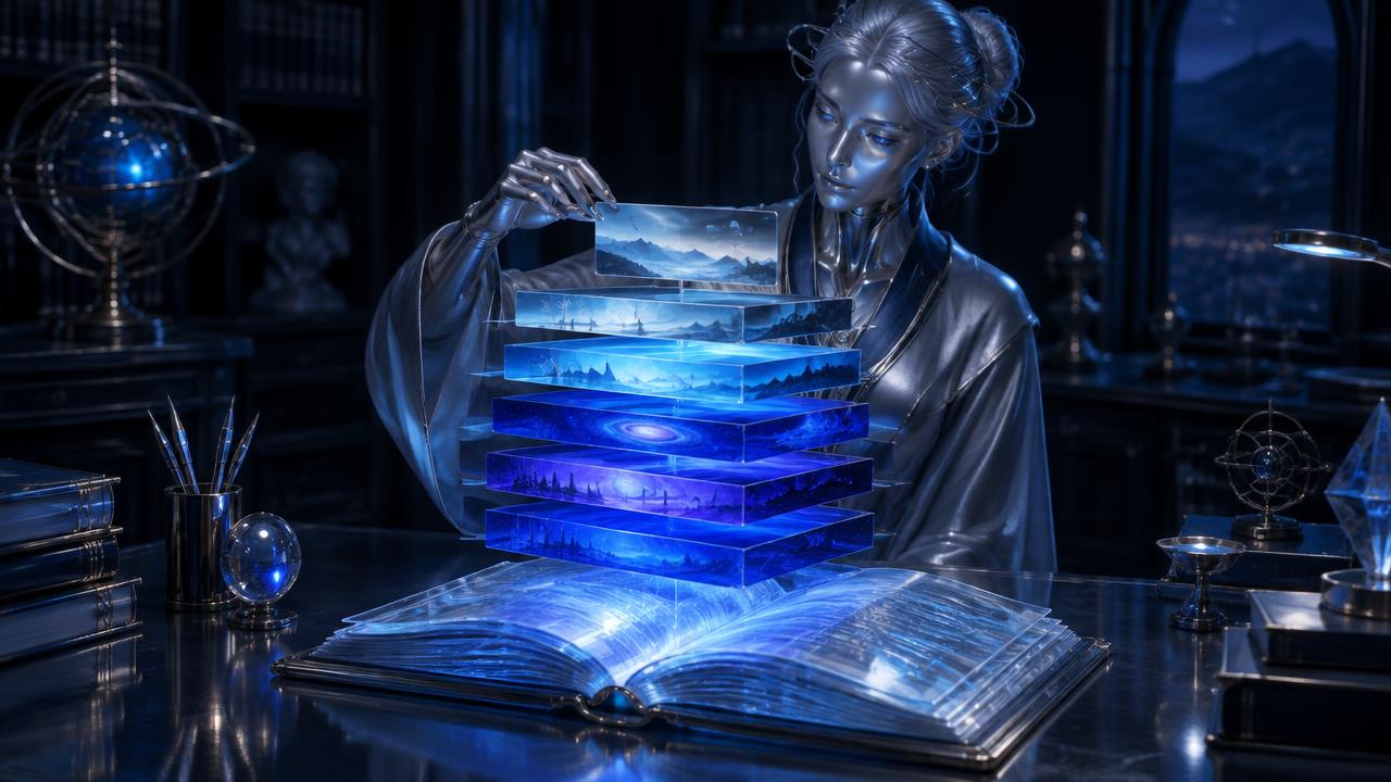 Translucent scholarly cards floating in layered strata above an open glass book