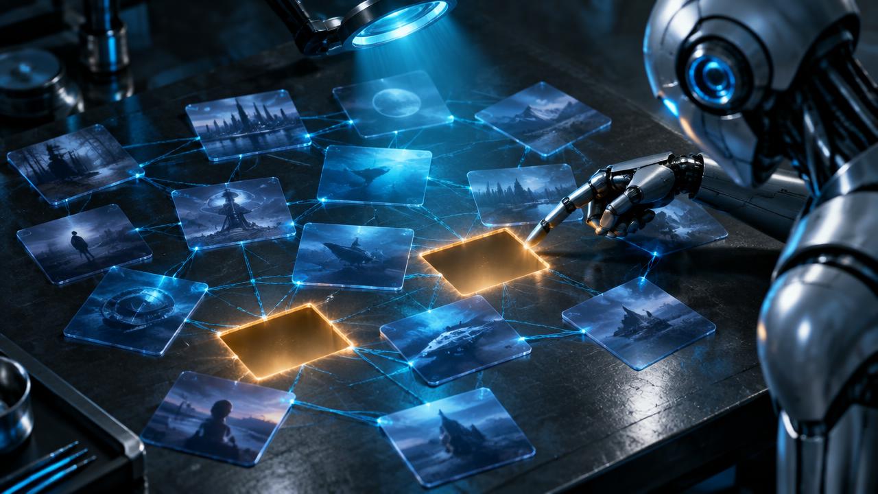 Translucent source cards under a magnifying beam, two gaps between them glowing amber