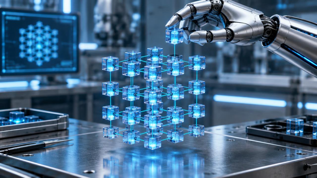 Thirty glowing glass cubes assembling into an ordered lattice above a steel bench