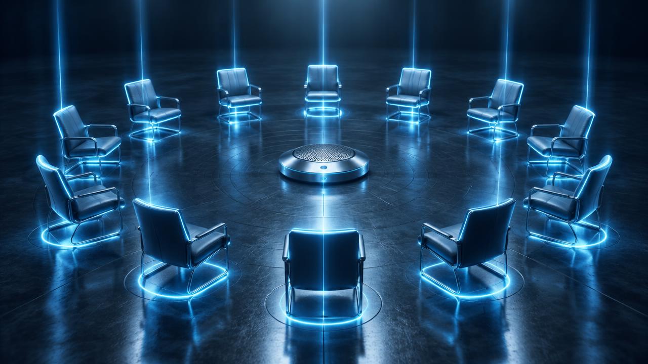 Twelve luminous interview chairs arranged in a circle on a polished steel floor