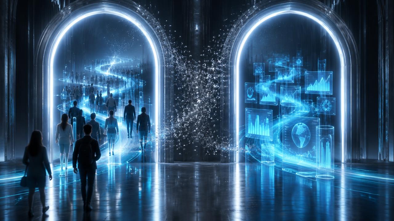 Two glowing archways of light opening onto different paths of cyan signals