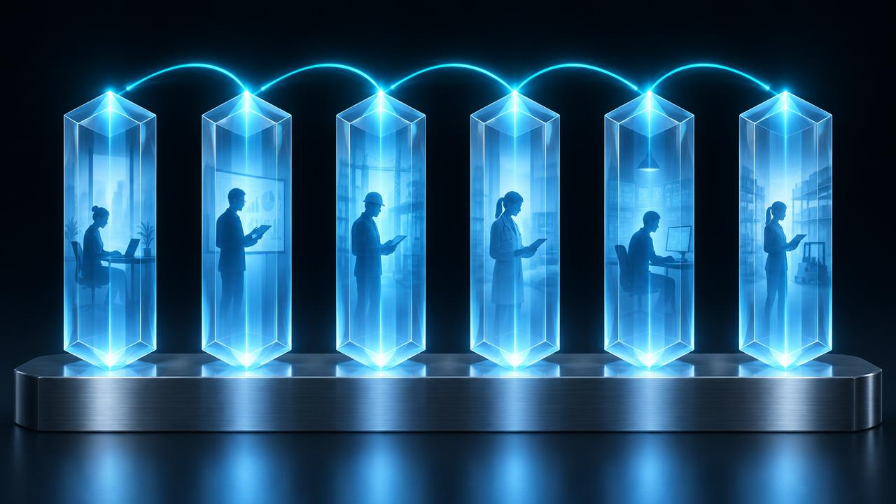 Six tall crystalline columns of light standing above a brushed-steel platform