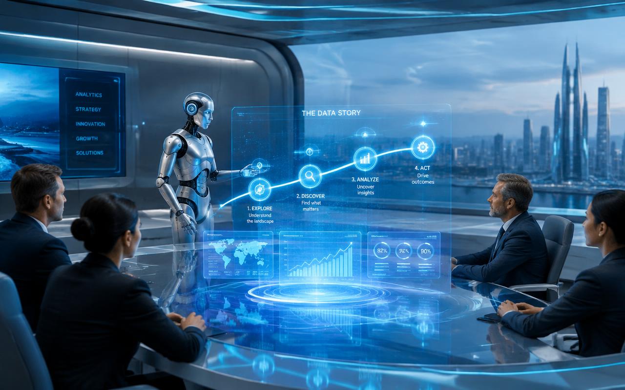 Executive boardroom where a silver AI robot presents a holographic data story