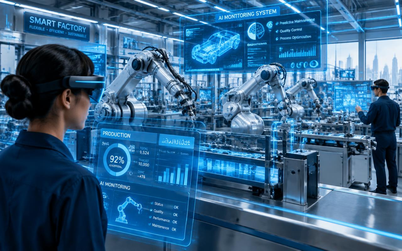 Smart factory with robotic arms and workers viewing holographic production data