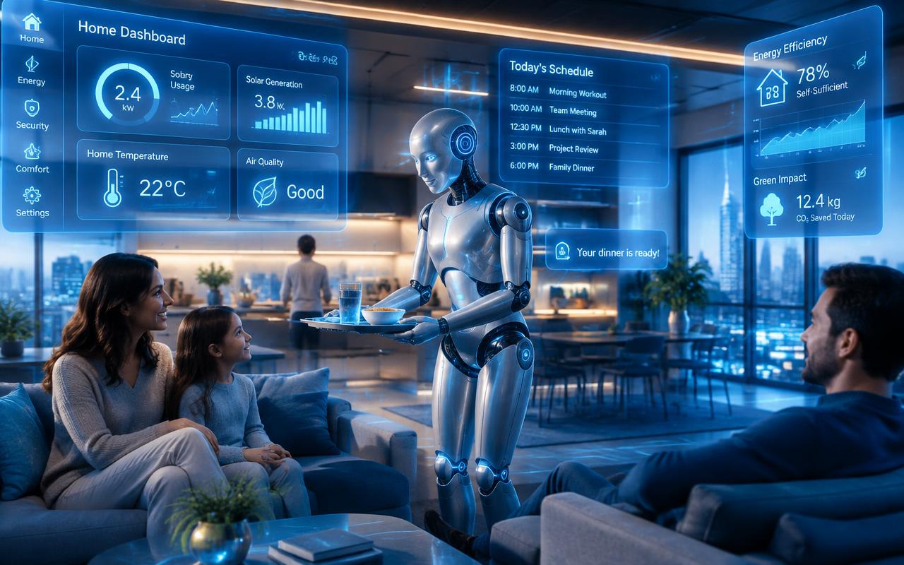Smart home where an AI robotic assistant serves a family beside holographic dashboards