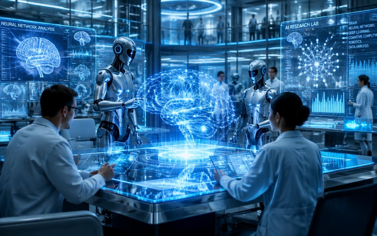 AI research laboratory with robots and scientists analyzing a glowing neural network