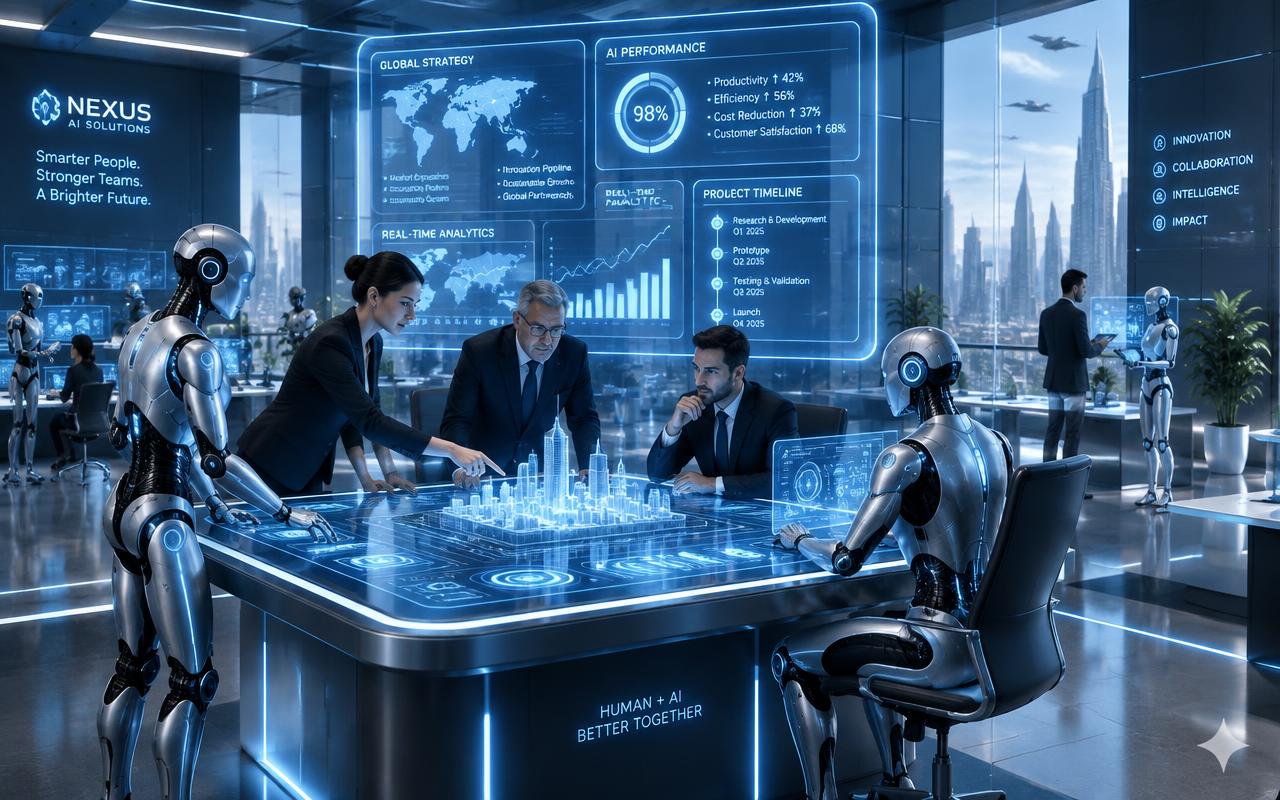 Digital robotic AI office where people and robots collaborate around holographic analytics