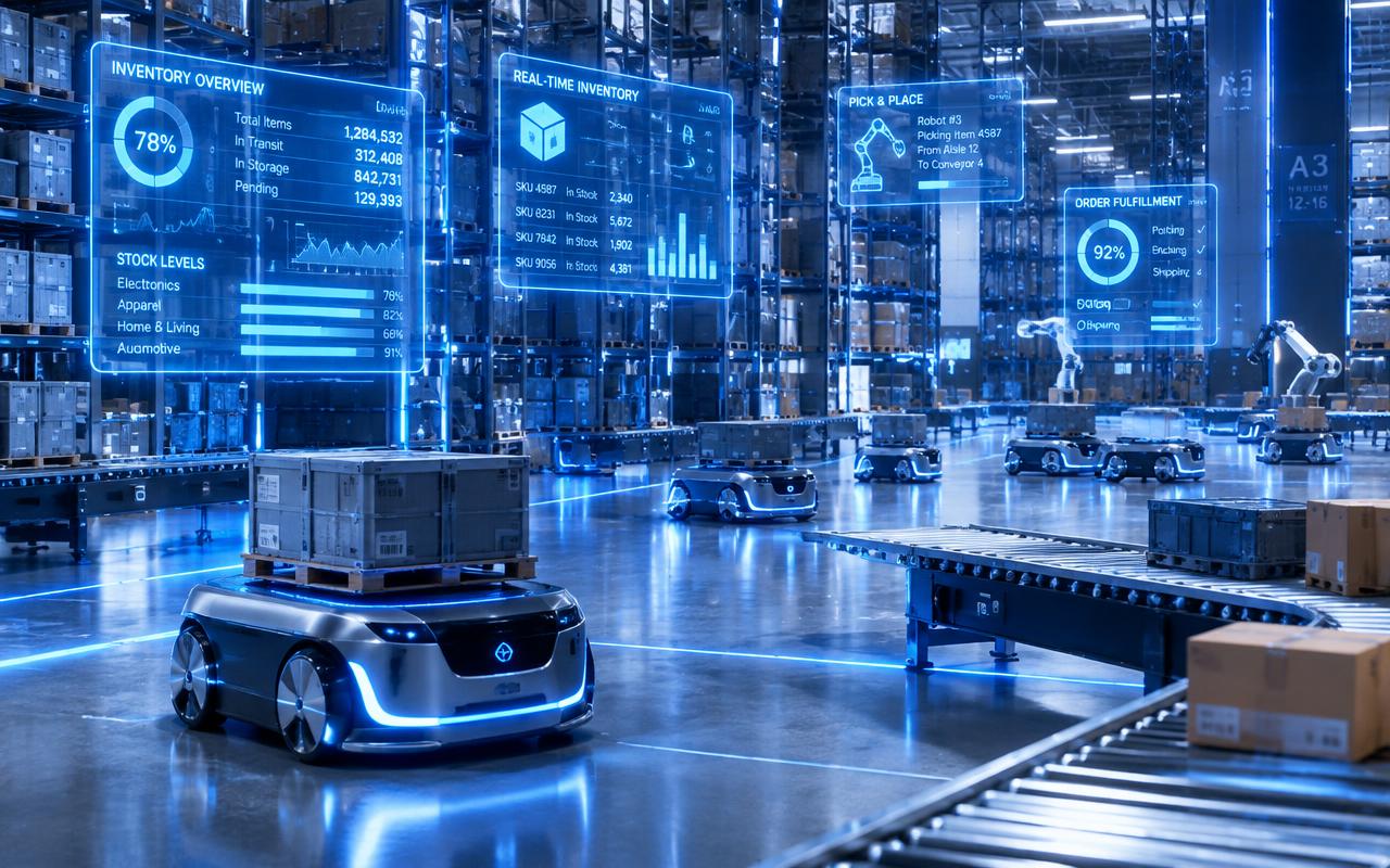 Robotic AI warehouse with autonomous robots and holographic inventory dashboards