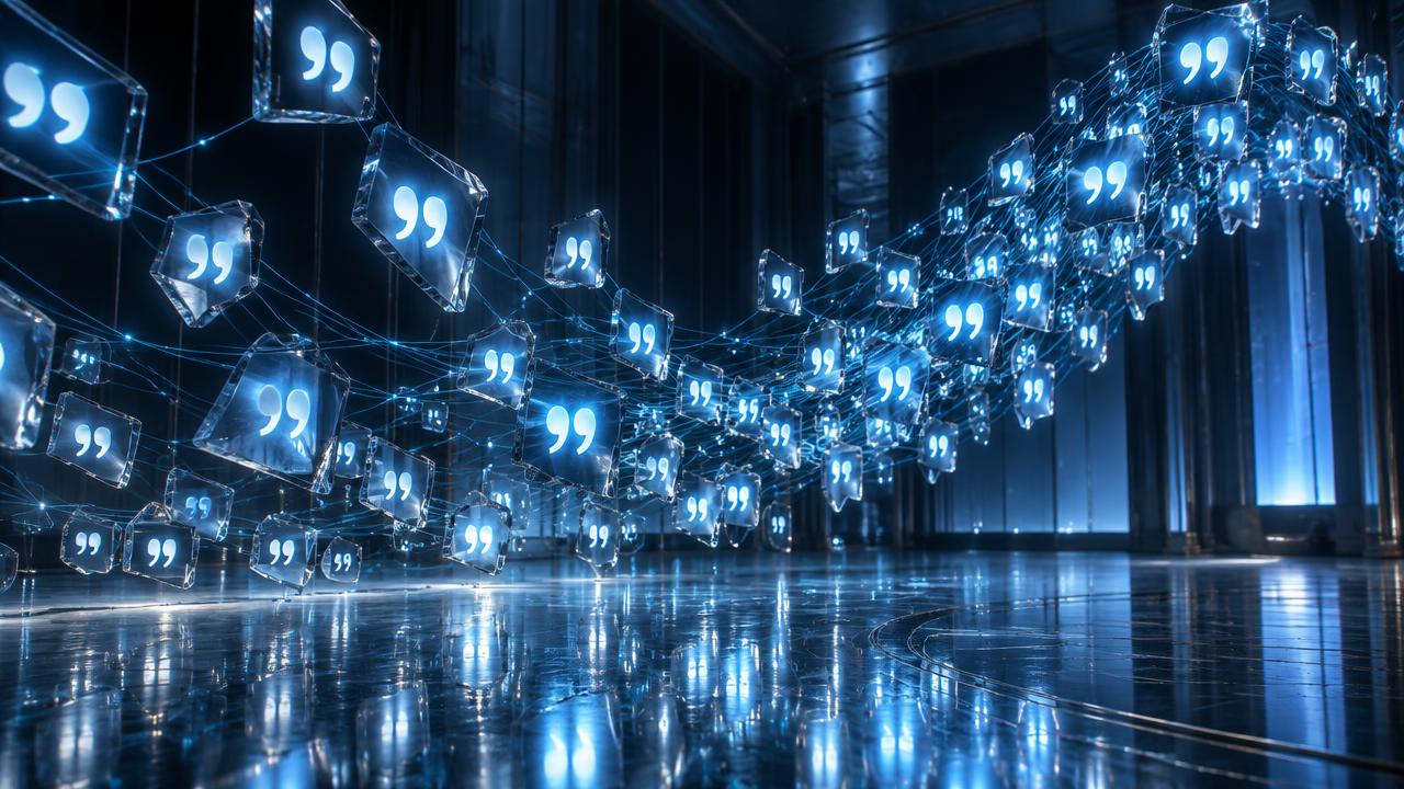 Translucent glass quotation fragments suspended in a dark hall, their light forming a rising wave