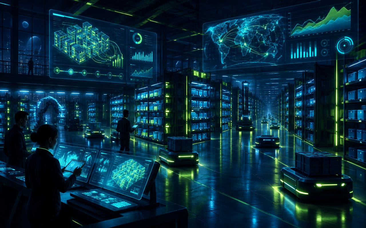 An autonomous warehouse at night with mobile robots, terminals, and floating supply-chain displays